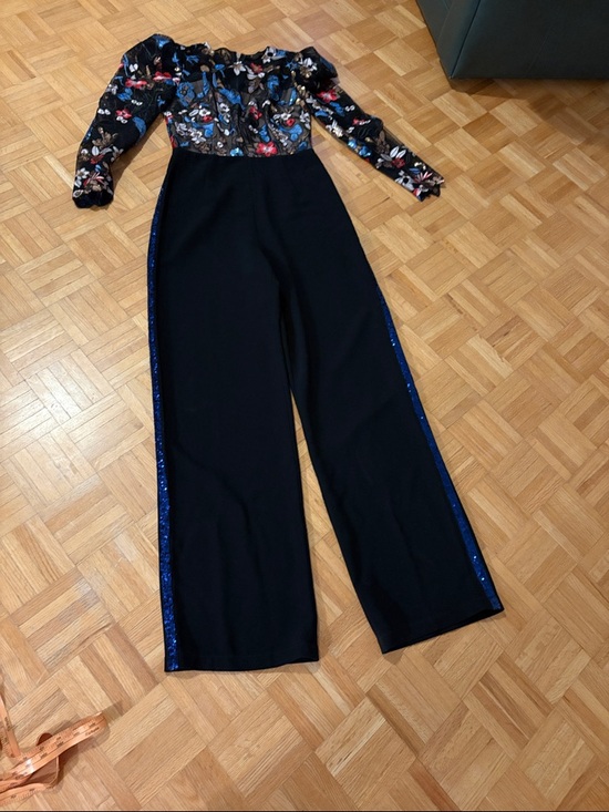 Bronx and Banco Pants - Bronx & Banco Black Wide-Leg Jumpsuit with Floral Bodice and Blue Trim. NWOT